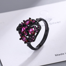 Black and Gold Ring - Simple, Branch Design, Red Diamond, Fashionable, Open.