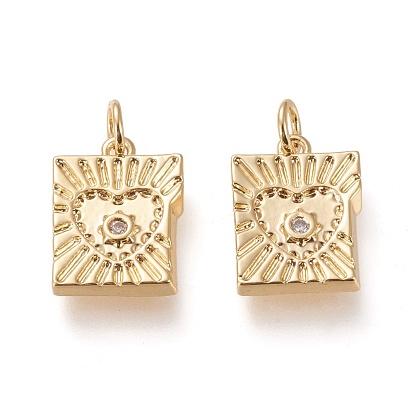 Latón micro pavimenta claro cubic zirconia encantos, con anillos de salto, larga duración plateado, rectángulo con el corazón