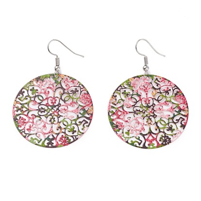 Spray Painted Stainless Steel Flat Round with Flower Dangle Earrings, Etched Metal Embellishments, with Iron Earring Hooks, Stainless Steel Color