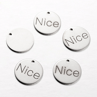 Spray Painted 201 201 Stainless Steel Charms, Flat Round with Words, 14x1mm, Hole: 1mm