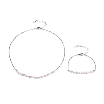 304 Stainless Steel Rolo Chains Necklace & Bracelet Jewelry Sets, with Natural Freshwater Pearl, Tiger Tail Craft Wire and Lobster Claw Clasps