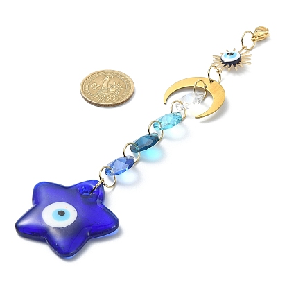 Handmade Evil Eye Lampwork Pendant Decorations, with Octagon Glass Beads and Moon Link, 304 Stainless Steel Lobster Claw Clasps, Star/Heart/Flat Round/Teardrop/Hamsa Hand