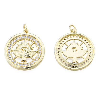 Brass Micro Pave Clear Cubic Zirconia Pendants, with Brass Jump Rings, Nickel Free, Flat Round with Bird