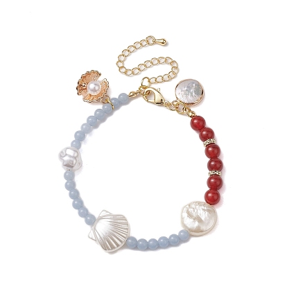 Pulseras de cuentas de angelita natural redonda de 4 mm y cornalina redonda de 6 mm, Pulseras con dijes de perlas de imitación de plástico abs en forma de concha de playa de verano para mujer