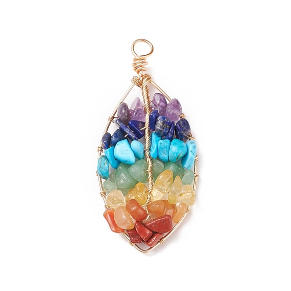 Chakra Natural Gemstone Chip Big Pendants, Natural Red Jasper & Red Aventurine & Howlite & Citrine & Amethyst & Green Aventurine & Lapis Lazuli, with Copper Wire Wrapped, Leaf, Mixed Dyed and Undyed