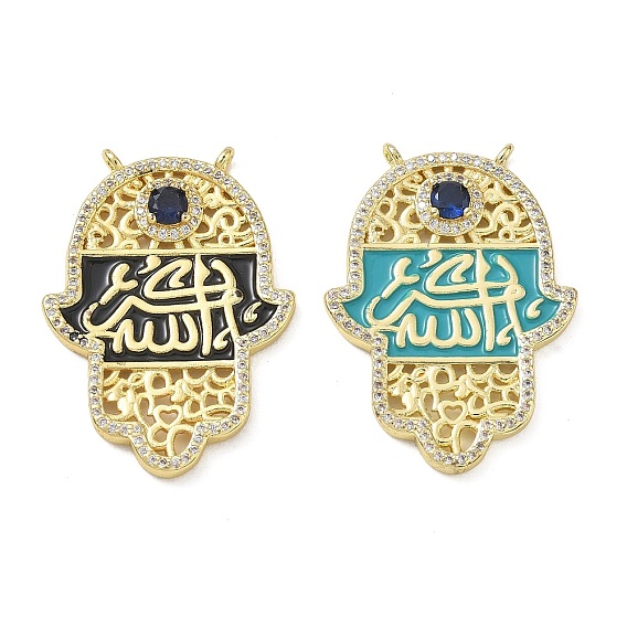 Brass Micro Pave Clear Cubic Zirconia Pendants, Hamsa Hand Charm, with Enamel, Golden