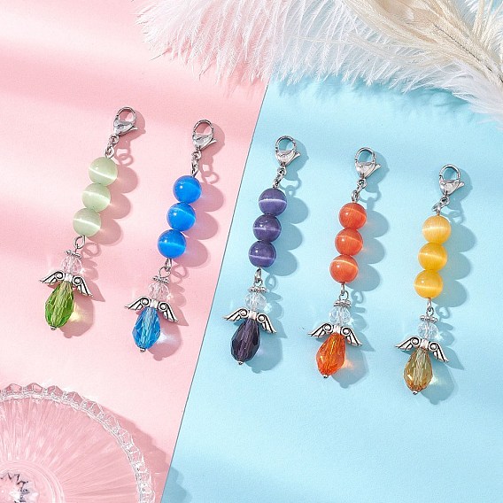 Подвески из сплава ангела, стекла и кошачьего глаза, с 304 из нержавеющей стали Lobster Claw застежками