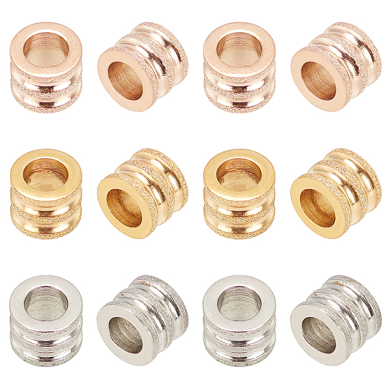 15шт 3 цвета текстурированные бусины из нержавеющей стали, Большой дыра колонка паз, ионное покрытие (ip)