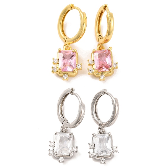 Женские серьги-кольца из латуни с микропаве и прозрачными циркониями, без свинца и без кадмия, прямоугольные