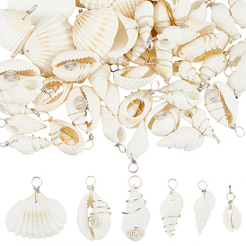 90шт 6 стили натуральные подвески из смешанных ракушек, подвески в форме ракушек с медной проволокой в обертке, серебряный цвет гальваническим