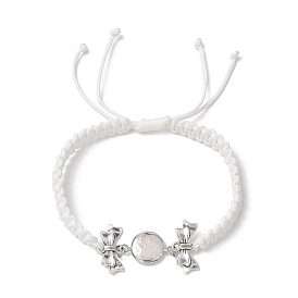 Bracelets tressés ronds plats en perles naturelles et cordon en polyester, bracelets réglables en alliage bowknot pour femmes