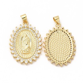 Rack Plating Brass Micro Pave Cubic Zirconia Charms, Cadmium Free & Lead Free, Real 18K Gold Plated, Long-Lasting Plated, Oval with Virgin Mary Pattern Charm