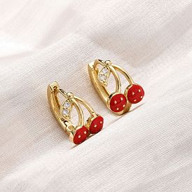 Серьги-кольца из вишневой латуни с микропаве из прозрачных кубических цирконий, с эмалью, стойки покрытие, прочное покрытие, без кадмия и без свинца, реальный 18 k позолоченный