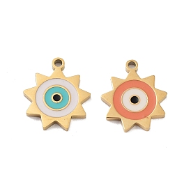 Ion Plating(IP) 316 Surgical Stainless Steel Charms, Nickel Free, with Enamel, Sun with Evil Eye Charm, Real 18K Gold Plated