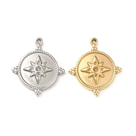 304 Stainless Steel Pendant Rhinestone Settings, Flat Round with Star Pattern