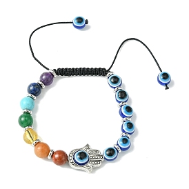 Chakra Gemstone Braided Beaded Bracelets, Hamsa Hand Alloy & Evil Eye Resin Adjustable Bracelets