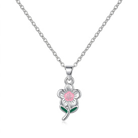 304 Colliers pendentifs en acier inoxydable émaillé rose en forme de fleur pour femmes