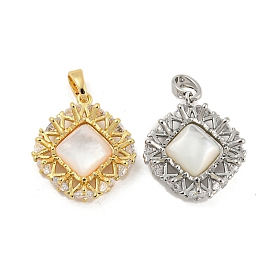 Brass Pave Shell Pendants, with Clear Cubic Zirconia, Rhombus Charm