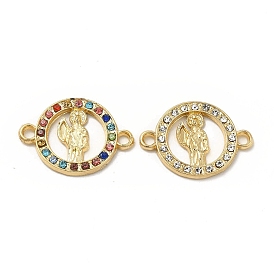 Religion Alloy Connector Charms, Flat Round Links with Saint, with Rhinestone, Light Gold, Nickel