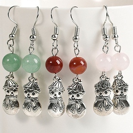 Natural Gemstone Dangle Earrings, Alloy Christmas Snowman Jewelry for Women
