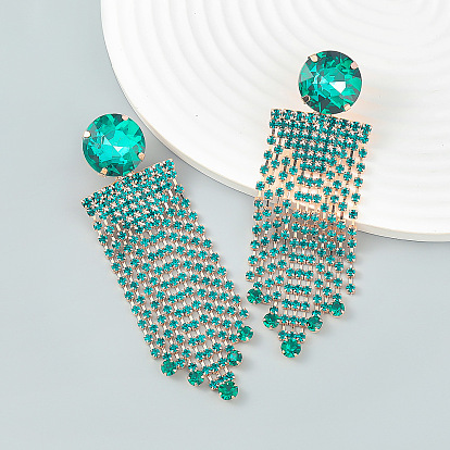 Sparkling Rhinestone Tassel Earrings for Women - Long Chain Circle Glass Gems Dangle Ear Jewelry