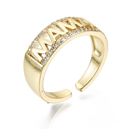 Brass Micro Pave Clear Cubic Zirconia Cuff Rings, Open Rings, Mother's Day Gifts, Nickel Free, Word Mama