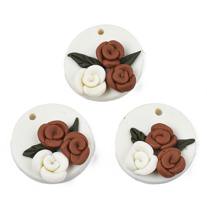 Handmade Fimo Anhänger, flach rund mit rosafarbener Blume