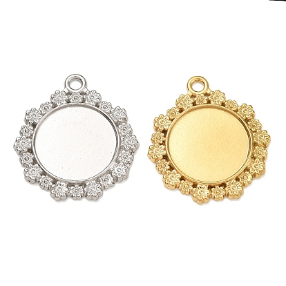 304 Stainless Steel Pendant Cabochon Settings, Flat Round with Flower Charms, Ion Plating(IP)
