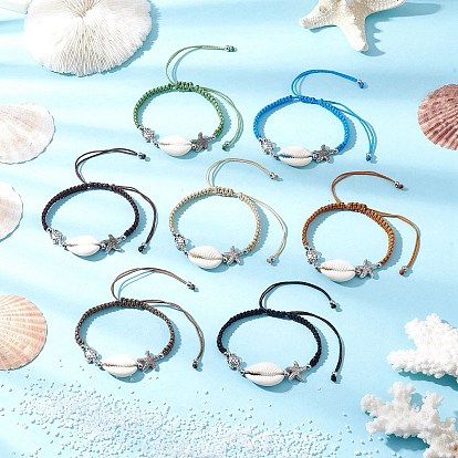 Плетеные браслеты из бисера из натуральной раковины каури для женщин, черепаха и морская звезда, с нейлоновой нитью и бусинами из сплава в тибетском стиле