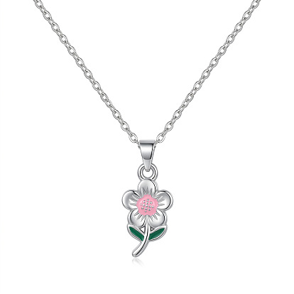 304 Colliers pendentifs en acier inoxydable émaillé rose en forme de fleur pour femmes