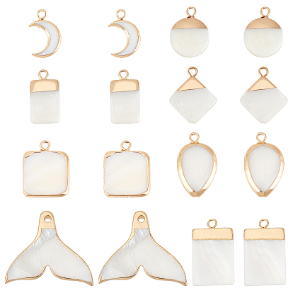 16Pcs 8 Style Natural Freshwater Shell Pendants, with Golden Plated Brass Findings, Moon & Fishtail & Flat Round & Rectangle & Rhombus & Teardrop & Square