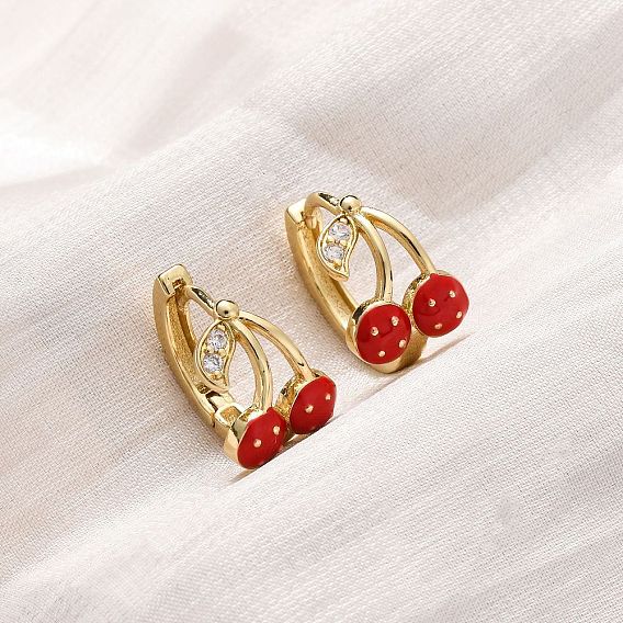 Серьги-кольца из вишневой латуни с микропаве из прозрачных кубических цирконий, с эмалью, стойки покрытие, прочное покрытие, без кадмия и без свинца, реальный 18 k позолоченный