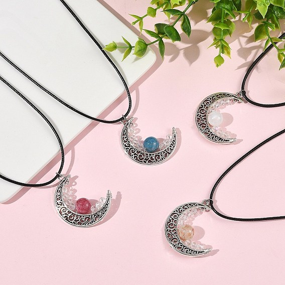 4pcs 4 colores redondo natural teñido de jade verde y citrino caliente y hemimorfita y piedra lunar aleación colgante de luna hueca collares de cordón encerado negro para mujer, color mezclado