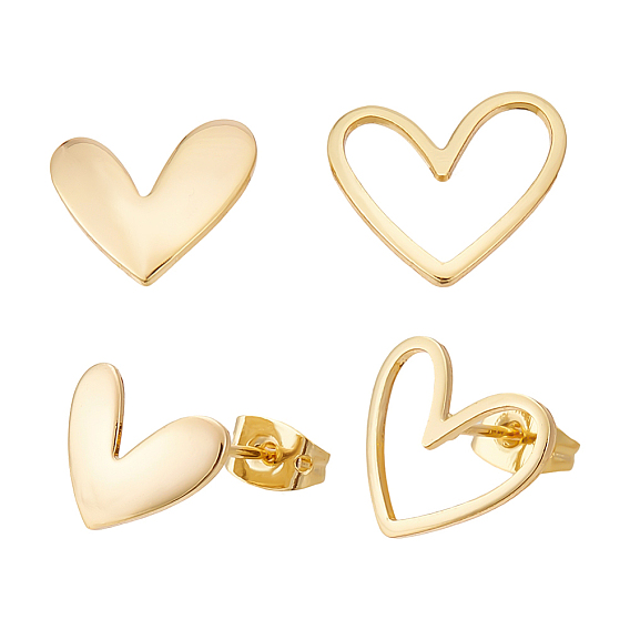 20шт. 2 стили латунные серьги-гвоздики фурнитура, с петлей, с необработанными (без покрытия) серебряными булавками, сердце, 20шт латунные фрикционные ушные гайки