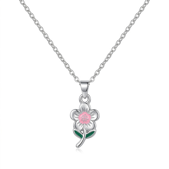 304 Stainless Steel Enamel Pink Flower Pendant Necklaces for Women