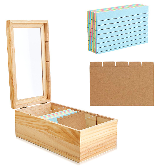 1pc 4 Cajas de almacenamiento rectangulares de madera con rejilla para tarjetas de alimentos y ventana visible, con 300 hojas de blocs de notas adhesivas y 1 fichas de papel para índice