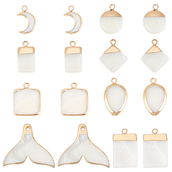 16Pcs 8 Style Natural Freshwater Shell Pendants, with Golden Plated Brass Findings, Moon & Fishtail & Flat Round & Rectangle & Rhombus & Teardrop & Square