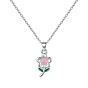 304 Stainless Steel Enamel Pink Flower Pendant Necklaces for Women