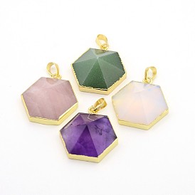 Gemstone Hexagon Pendants, Dyed, with Golden Plated Brass Finding, Faceted, 30x29x12mm, Hole: 5x8mm