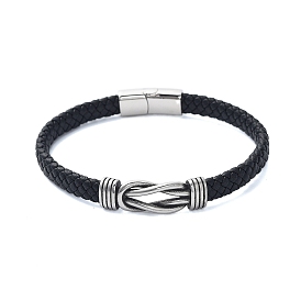 Men's Braided Black PU Leather Cord Bracelets, Knot 304 Stainless Steel Link Bracelets with Magnetic Clasps