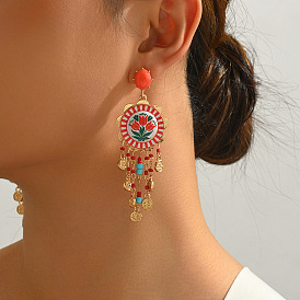 Resin & Glass Flower Chandelier Earrings for Women, Alloy Enamel Oval Stud Earrings