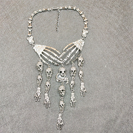 Alloy Skull Hand Bib Necklace, Halloween Gothic Jewelry for Women