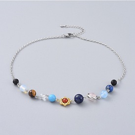 Natural & Synthetic Gemstone Beaded Necklaces, with Iron Cable Chains and 304 Stainless Steel Lobster Claw Clasps