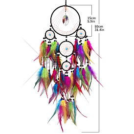 Iron Woven Web/Net with Feather Cotton Cord Wind Chime Pendant Decorations, Rainbow Color Feather Tassel Hanging Ornament