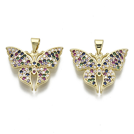 Brass Micro Pave Cubic Zirconia Pendants, with Brass Snap on Bails, Nickel Free, Butterfly, Real 16K Gold Plated