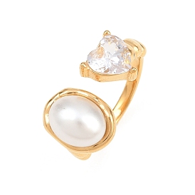 304 Stainless Steel Pave Single Clear Cubic Zirconia Cuff Open Rings, Heart with Oval, with Resin Pearl