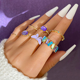 Stylish and Luxurious Purple Butterfly Ring Set with Adjustable Band and Diamond Accents - 7 Pieces of Fashionable Hand Jewelry