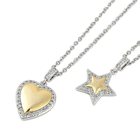 Brass Clear Cubic Zirconia Pendant Cable Chain Necklaces, Golden & Stainless Steel Color, Heart/Star