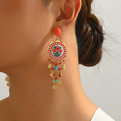 Resin & Glass Flower Chandelier Earrings for Women, Alloy Enamel Oval Stud Earrings