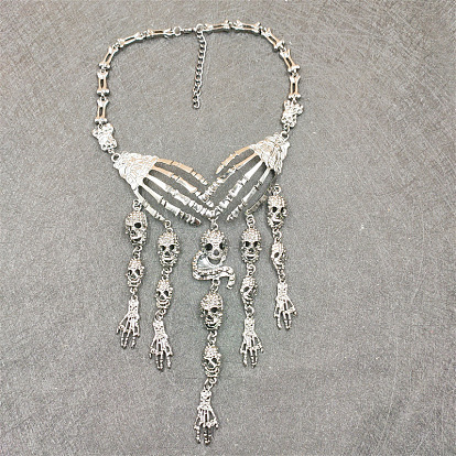 Alloy Skull Hand Bib Necklace, Halloween Gothic Jewelry for Women